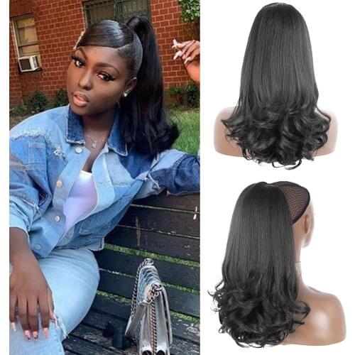 XINRAN Synthetic Warping 18Inch Kinky Straight Hairpiece With Two Plastic Comb Drawstring Ponytail Hair Extension Natural Black