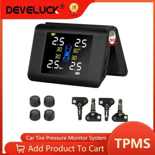 Develuck TPMS Tire Pressure Monitoring System Wireless Solar Charging Black 4 External or Built-in Sensors Tire Pressure Warning