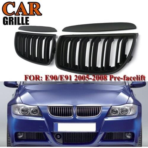 Front Bumper Kidney Grill Replacement Dual Slat Grilles for BMW E90 3-Series E91 2005-2008 Matt Black