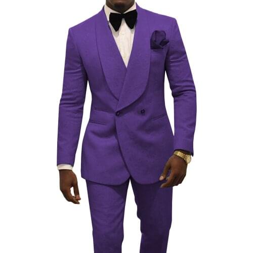 SOLOVEDRESS Mens Suit Purple Double Breasted Slim Jacquard Prom Dress Party Travel Blazer + Pants XS S