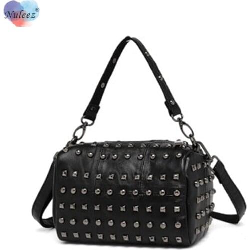 Nuleez Fashion Cool Punk Rivet Bag Women Pillow Pack Real Sheep Leather Genuine Leather Big Capacity Match-able Phone Bag Women