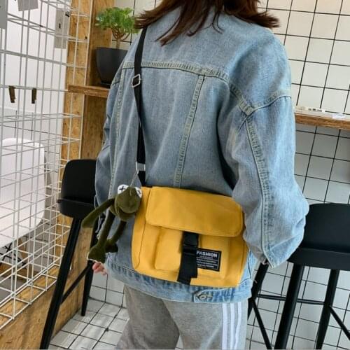 Canvas Women Handbag Shoulder Bags Simple Folding Handbags Shopping Bag With Frog Pendant Book Bags For Girl
