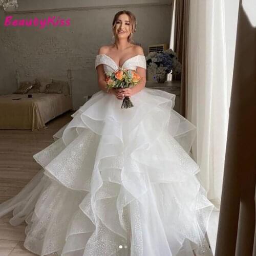 Princess Wedding Dress Ball Gown Shiny Glitter Tulle Off The Shoulder Tiered Bridal Gowns 2021 Robe de mariage