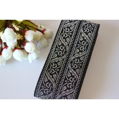 10yards/lots Woven Jacquard Ribbon 3.3cm black background silvery pattern LS-3891