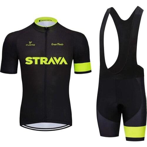 Pro Team STRAVA Mens Cycling Jersey Sets Summer Breathable Bicycle Clothing Bikewear Short Sleeve Bib Pants Anti-UV Sportwear