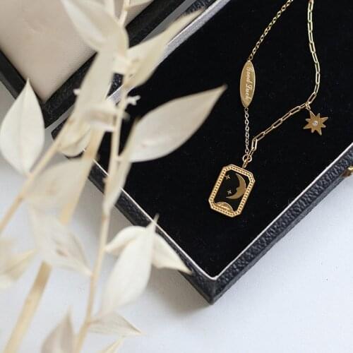 Byzantine retro stars moon myth gutta-percha black enamel necklace bone chain goodluck titanium steel gold stainless jewelry