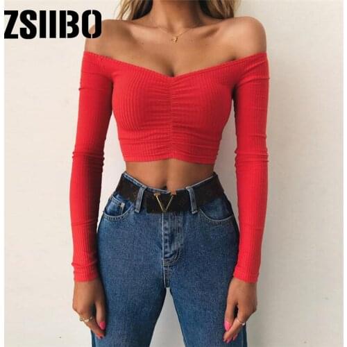 Women off shoulder sexy Elegant T-shirts female long sleeve Top Knitted solid color lady Tees comfy basic Chic clothes shirt tee