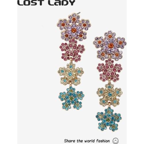 Lost Lady Colorful Long Flower Tassel Hanging Drop Earrings Statement Crystal Women Earrings Fashion Jewelry 2021 Accessories
