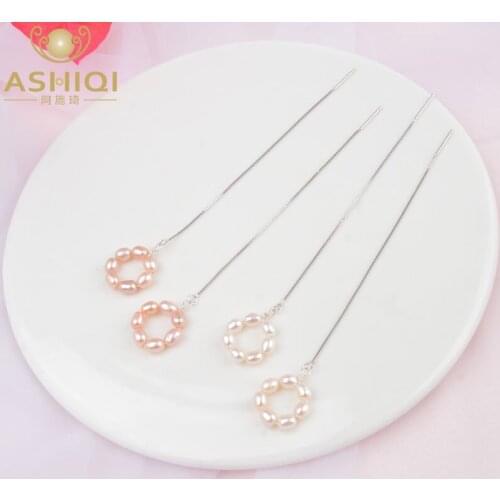 ASHIQI Real 925 Sterling Silver chain Long Earrings Natural Freshwater Pearl Jewelry for Women Gift