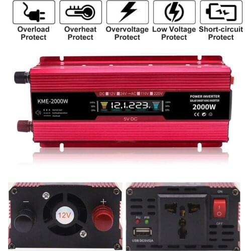 Pure Sine Wave Car Inverter DC 12v/24v To AC 220V LCD 600W 1200W 2000W Voltage Transformer Power USB Converter Solar LED Display
