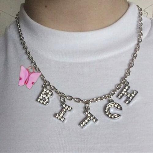 Harajuku Letter Crystal Angel Necklace Chain BABY Rhinestone Choker Couple Gift Pendant Aesthetic Femme Collier Women Jewelry