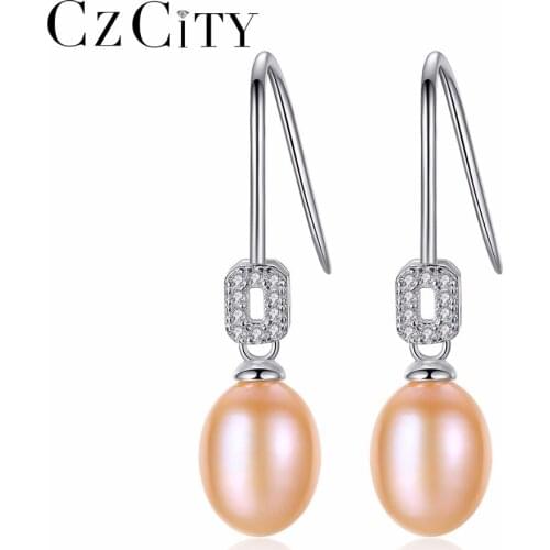 CZCITY New Fashion Genuine Freshwater Pearl Earrings For Women 925 Sterling Silver Jewelry White/Pink/Purple Pearl With Gift Box