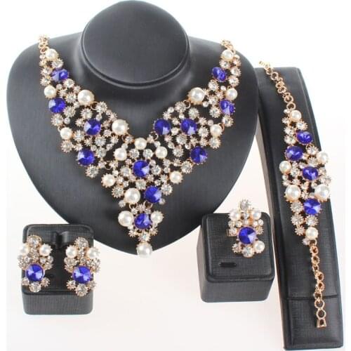African Jewelry Set Gold Color Pearl Blue/Brown Austrian Crystal Women Wedding Necklace Bracelet Earring Ring Sets