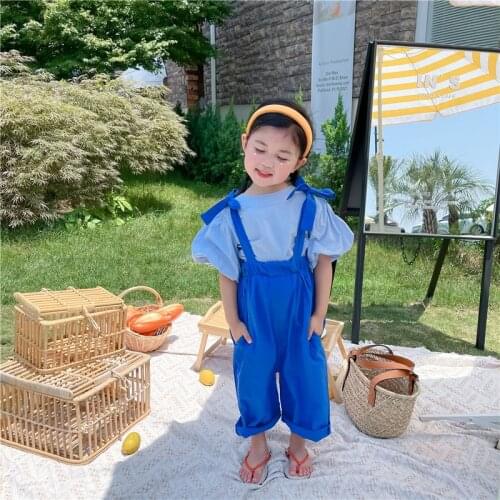 2021 Summer New Girls Sweet Bubble Short Sleeve Shirt Top Knot Suspenders Two-Piece Suit