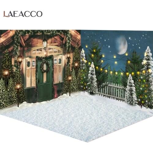 Laeacco Merry Christmas Tree Festival Winter Snow Scenic Night Moon Background Child Baby Photographic Backdrop Family Photocall