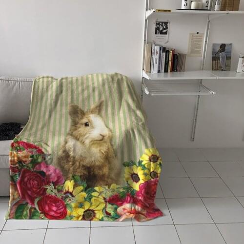 Rose Sunflower Stripes Retro Bunny Throw Blanket Home Sofa Decor Blanket Portable Soft Bedspread Microfiber Blankets for Beds
