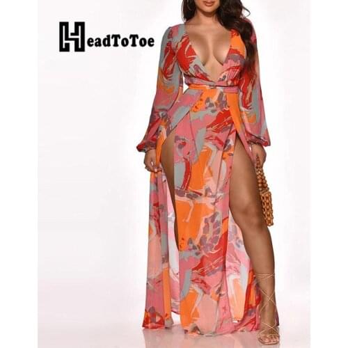 Colorblock High Slit Plunge Lantern Sleeve Maxi Dress Women Sexy Deep V Neck Dress