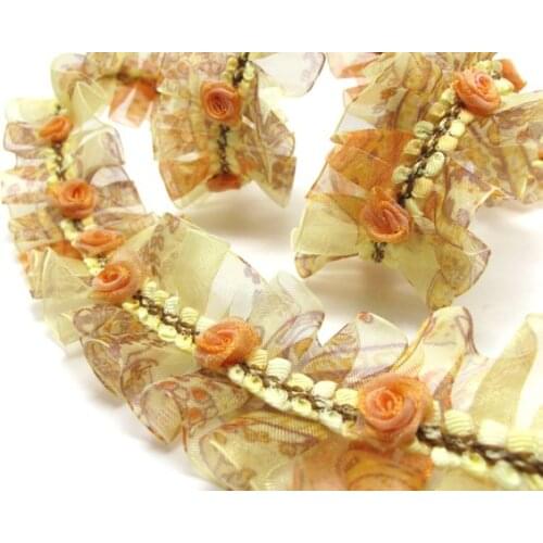 Pleated Trim|w Rococo Flower Trim|1 1/2 Inches Pleated Ombre Printed Chiffon Trim|Organza Chiffon Trim|Retro Handmade Supplies