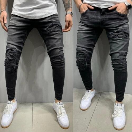 Pleated Elasticity Ripped Jeans Men Blue Pencil Pants Black Hole Hip-Hop Street Jean Pants New Locomotive Denim Trousers Male