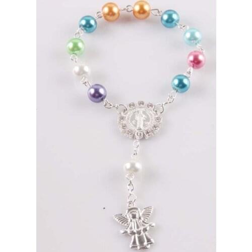 10 PCS Religious Bracelet colorful Glass Pearl Imitation Rosary Childrens Communion Babys Baptism Favors Catholic Mini Rosary