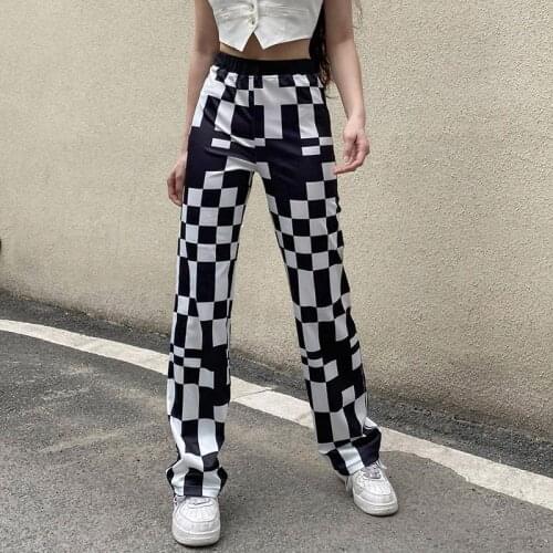 Vintage Fashion Irregular Check Clashing Street Casual Trousers High Waist Trousers
