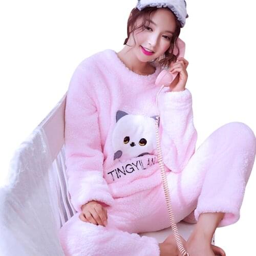 Ladies Pajamas 2pcs Thick Flannel Sleepwear Female Fashion Leisure Nightwear Long Sleeve Pullover Coral Fleece Homewear D-1080