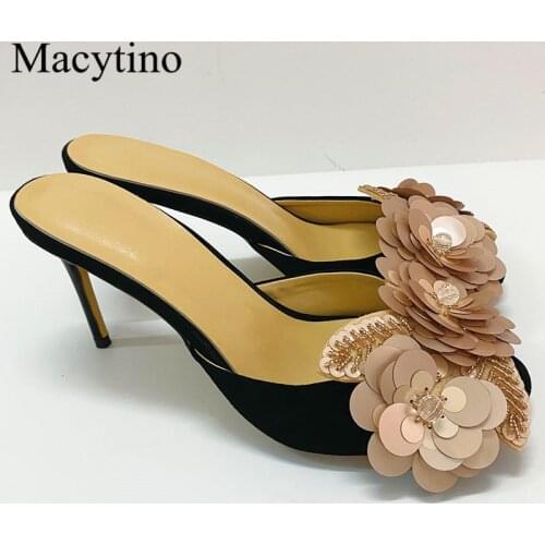 Flower decoration ladies high-heeled slippers round toe sequined pearl stiletto high-heeled shoes fashion party slippers