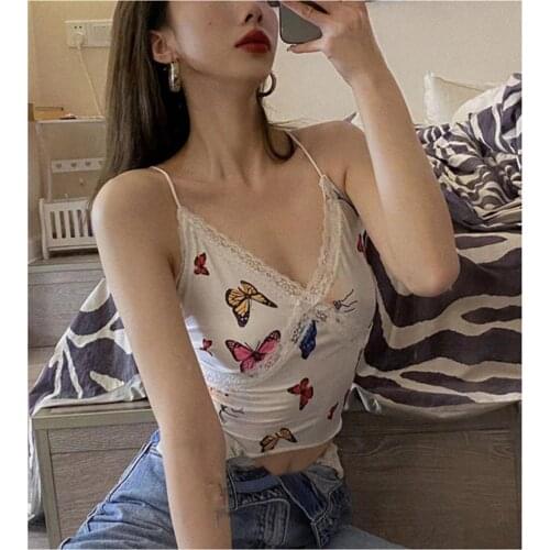 Fashion Casual Women Summer Sexy V Neck Camisole White Lace Spliced Floral Butterfly Print Sleeveless Midriff Baring Crop Tops