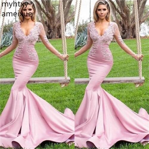 Sexy V-neck Long Sleeves Mermaid Lace Applique Satin Plus Size Evening Gown Dresses For Women Zipper Back Court Train Lace
