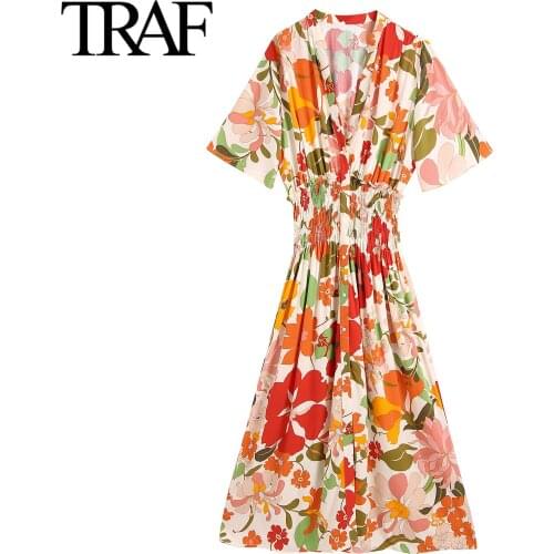 TRAF Za Womens Clothing 2021 Summer Floral Dress Robe Short Sleeve Dress Elastic Waist Fashion Vintage Boho Shirt Long Dresses
