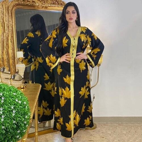 Ramadan Eid Silky Printed Floral Abayas Maxi Dress Womens Plus Size Islamic Long Muslim Robes Arabic Turkey Clothes F2788