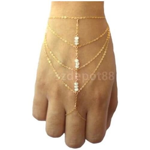 Celebrity Tassel Chain Acrylic Beads Bracelet Slave Finger Ring Hand Harness