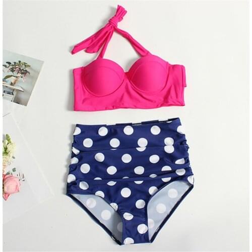 2020 New Sexy High Waist Bikini Set Two Piece Swimwear Women Retro Bathing Suits Dot Bandage Push Up Swimsuit Beachwear Biquini