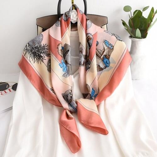 2021 New Cartoon Scarf Square Silk Hijab Shawls and Wraps Design Foulard Female Neckerchief Bandana Spring Summer Scarves