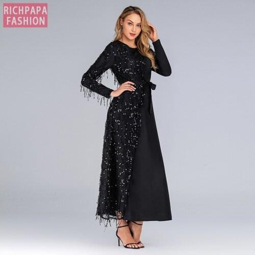Plus Size Black Sequin Abaya Turkish Dubai Muslim Dress Abayas For Women Kaftan Oman Caftan Hijab Dresses Islam Clothing Habaya
