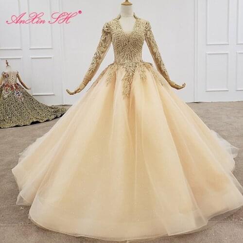AnXin SH Luxury princess flower champagne lace beading crystal illusion v neck long sleeve wedding dress 100% real photos