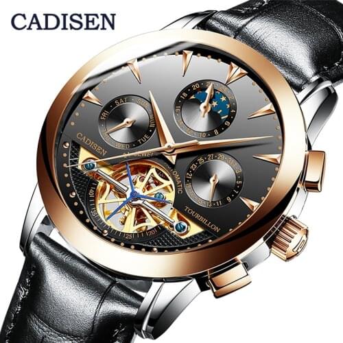 CADISEN Brand Men Watches Automatic Mechanical Watch Tourbillon Sport Clock Leather Casual Business Wristwatch Relojes Hombre