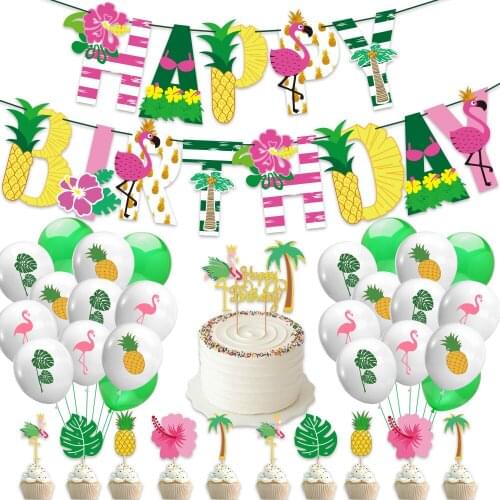 CYUAN Flamingo Pineapple Hawaii Birthday Party Banner Cake Topper Summer Tropical Luau Palm Leaf Party Wedding Decor Supplies