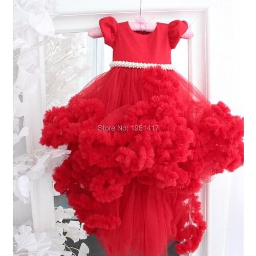 New Red Flower Girl Dresses for Wedding Ball Gown Cloud Beaded Waist Kids Pageant Gowns for Special Occasion Custom Made