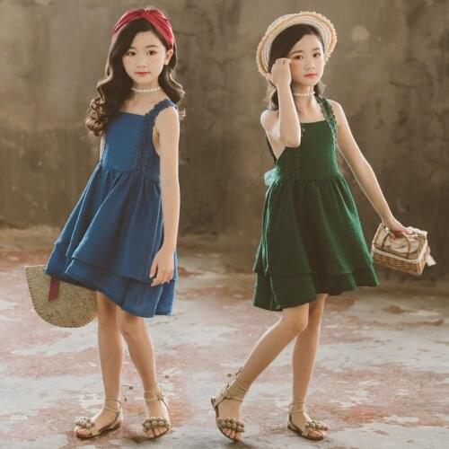 Teen Kids Solid Color Dress Chic Baby Girls Sleeveless Tank Gallus Lace Falbala Tiered Princess Dress Retro Casual Loose Dresses