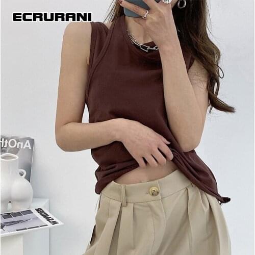ECRURANI Sexy Hollow Out Hang Neck Tank Tops For Women Sleeveless Asymmetrical Casual Loose Vests Female 2021 Summer New Clothes