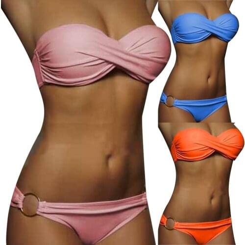 2Pcs Sexy Bikinis Set Women High Waist Strapless Push Up Bra Solid Color Knot Padded Bras Briefs Bikini Set Swimwear Swimsuit