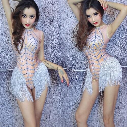 Jazz Dance Costumes For Women Adult Nightclub Female Singer Pole Dance Silver Tassel Jumpsuit Stage Performance Bodysuit DQL3418