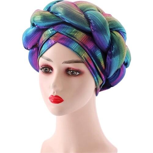 Colorful African Auto Geles Braids Womens Turban Hat Muslim Headscarf Bonnet Wedding Party Cap Headwear Turbante Mujer