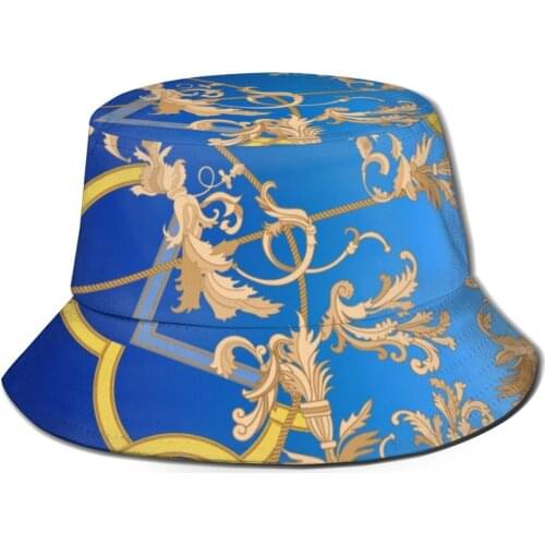 Summer Foldable Fishermans Hat Sunscreen Retro European Pattern Unisex Flat Top Handmade Printed Cap Retro Blue