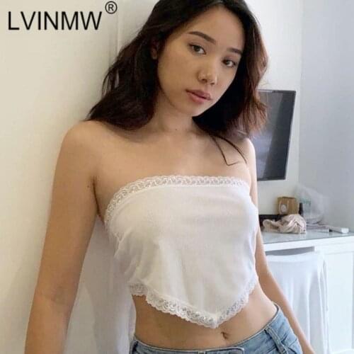 LVINMW Sexy Strapless Sleeveless Backless With Lace Pure Bow Crop Top Woman Vest Slim Solid Simple Basic Tank Tops Club Party