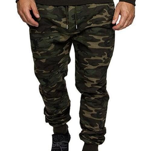 Men Camouflage Solid Color Elastic Waistband Drawstring Pockets Sports Pants