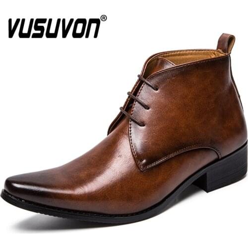 Italian Leather Men Boots Business Casual Winter Autumn Lace-up Pointy Ankle Boot Male Fashion British Knight Boots Black Brown
