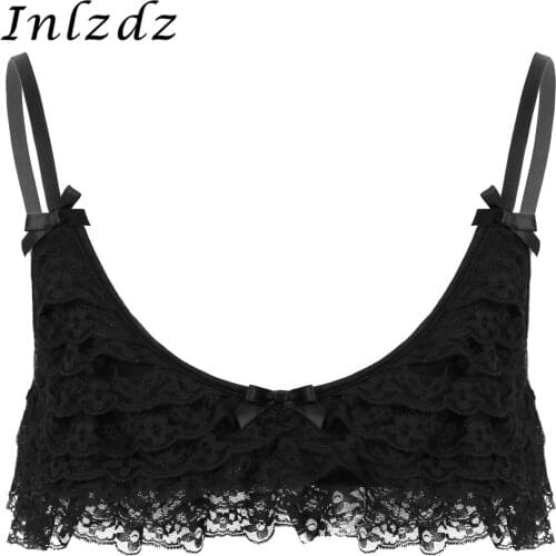 Mens Sissy Lingerie Bra Top Adjustable Shoulder Straps V Neck Super Frilly Ruffled Layered Lace Front Camisole Erotic Bra Top