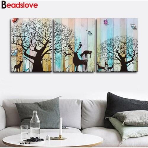 3pcs/set,diamond embroidery Cartoon Deers tree full drill square diamond painting round 5d art cross-stitch black white mosaic